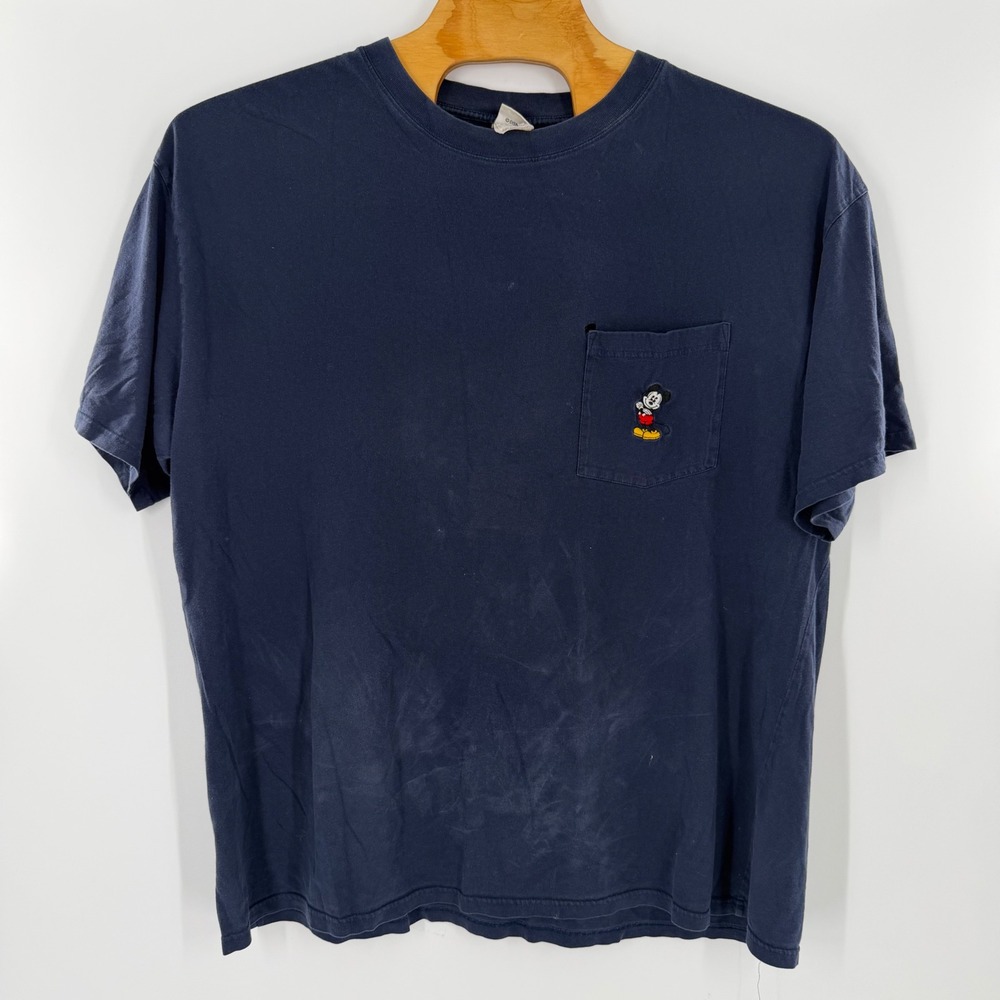 Vintage Disney Catalog Mickey Mouse Pocket T-Shirt Navy Blue Mens 3XL Distressed